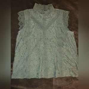 Flattering Lace Overlay Sleeveless/Fluttering Shirt In Army Green, Khaki Green